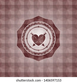heart with two arrows icon inside red emblem with geometric pattern background. Seamless.