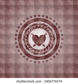 heart with two arrows icon inside red seamless emblem or badge with abstract geometric polygonal pattern background.