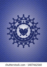 heart with two arrows icon inside emblem with denim high quality background