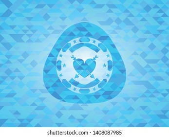 heart with two arrows icon inside sky blue mosaic emblem