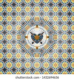 heart with two arrows icon inside arabic style badge. Arabesque decoration.
