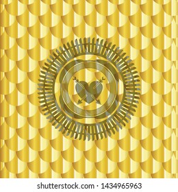 heart with two arrows icon inside golden badge. Scales pattern. Vector Illustration. Detailed.