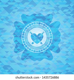 heart with two arrows icon inside light blue emblem with triangle mosaic background