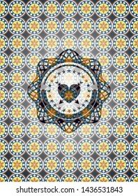 heart with two arrows icon inside arabesque emblem background. arabic decoration.