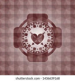 heart with two arrows icon inside red emblem with geometric pattern background. Seamless.