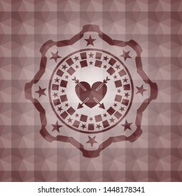 heart with two arrows icon inside red emblem or badge with abstract geometric polygonal pattern background. Seamless.