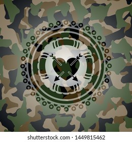 heart with two arrows icon inside camo emblem