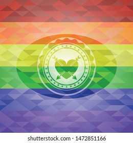 heart with two arrows icon inside emblem on mosaic background with the colors of the LGBT flag