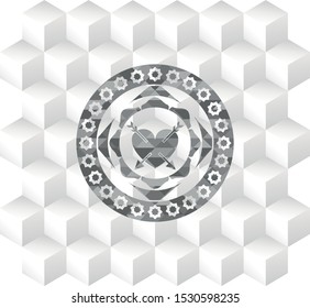 heart with two arrows icon inside grey badge with geometric cube white background