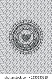 heart with two arrows icon inside silver emblem. Scales pattern. Vector Illustration. Detailed.