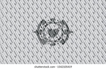 heart with two arrows icon inside silver color emblem. Scales pattern. Vector Illustration. Detailed.