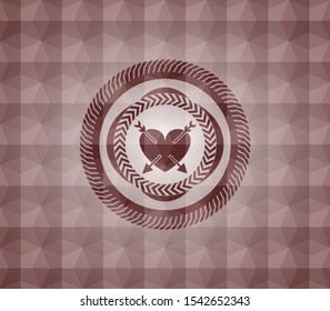 heart with two arrows icon inside red seamless emblem with geometric background.