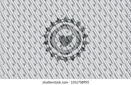 heart with two arrows icon inside silver emblem or badge. Scales pattern. Vector Illustration. Detailed.