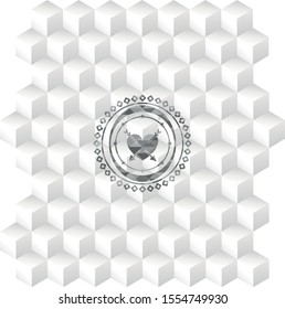 heart with two arrows icon inside realistic grey emblem with geometric cube white background