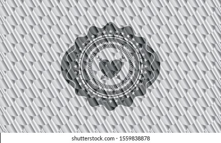 heart with two arrows icon inside shiny silver emblem. Scales pattern. Vector Illustration. Detailed.