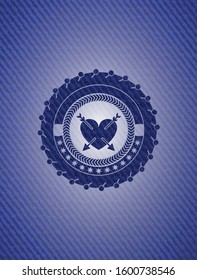 heart with two arrows icon inside emblem with denim high quality background