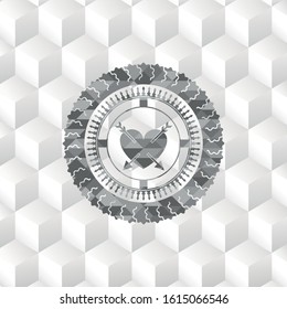 heart with two arrows icon inside grey emblem with geometric cube white background
