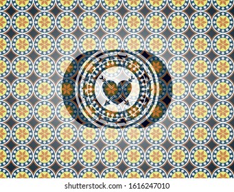 heart with two arrows icon inside arabic emblem background. Arabesque decoration.