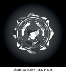 heart with two arrows icon inside grey camouflaged emblem