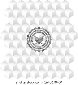 heart with two arrows icon inside realistic grey emblem with geometric cube white background