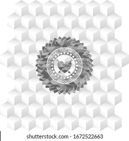 heart with two arrows icon inside realistic grey emblem with geometric cube white background