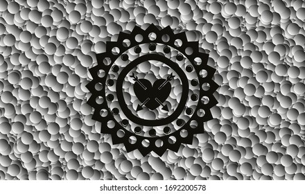 corazón con dos flechas en el interior del emblema negro con fondo de burbujas. Ilustración vectorial. Detallado.