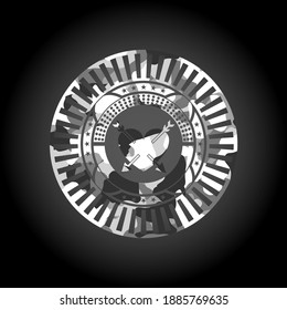 heart with two arrows icon inside grey camouflage emblem. 