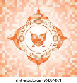 heart with two arrows icon inside orange mosaic emblem. 