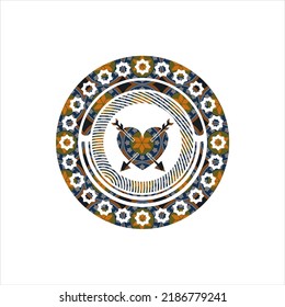 heart with two arrows icon inside arabic emblem. Arabesque decoration. 