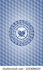 heart with two arrows icon inside blue emblem or badge with geometric pattern background. 