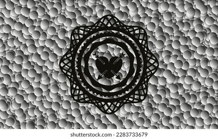 heart with two arrows icon inside dark emblem with grey bubbles background. Vector Illustration. Detailed. 