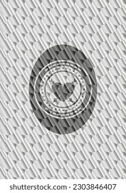 heart with two arrows icon inside shiny silver badge. Scales pattern. Vector Illustration. Detailed. 