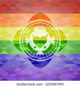 heart with two arrows icon on mosaic background with the colors of the LGBT flag