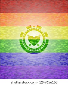 heart with two arrows icon on mosaic background with the colors of the LGBT flag