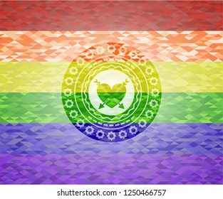 heart with two arrows icon on mosaic background with the colors of the LGBT flag