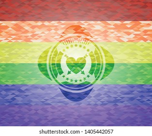 heart with two arrows icon on mosaic background with the colors of the LGBT flag