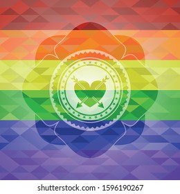 heart with two arrows icon on mosaic background with the colors of the LGBT flag