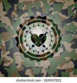 Heart With Two Arrows Icon On Camo Pattern. 