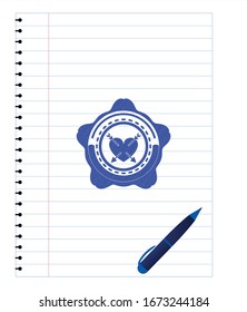heart with two arrows icon pen strokes emblem. Blue ink. Vector Illustration. Detailed.