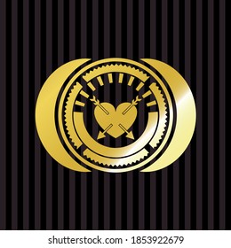 heart with two arrows inside golden emblem or badge icon. 