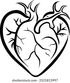 A heart with two branches coming out of it. The heart is black and white. The branches are thin and have a lot of detail