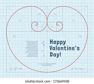 Heart of two Fibonacci Spiral on Graph Paper. Conceptual Valentines Card for Mathematicians.