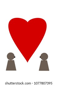 Heart and two figures looking at each other, vector graphic