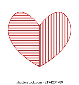 Heart of two halves connected together. Left part shaded with red horizontal lines. Right side shaded with red vertical lines. Traditional symbol of love, spiritual harmony, happiness. Flat red icon.