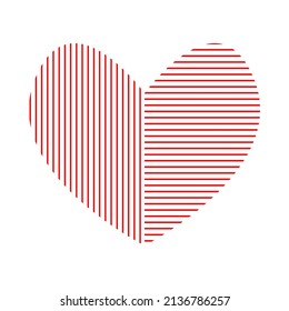 Heart of two halves shaded with red lines. Left part shaded with red vertical lines. Right side shaded with red horizontal lines. Love traditional icon. Symbolizes excitement, sensitivity, kindness.