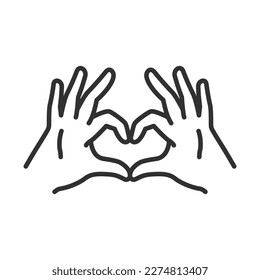Corazón con dos manos, icono lineal, símbolo del corazón hecho con dos manos. Línea con trazo editable