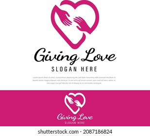 Heart and two hands logo with symbols of charity and care. orphanage, nursing home, medicine symbol, valentines day logo type, abstract medical health logo and foundation logo