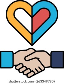 A heart with two hands shaking it. The heart is surrounded by a blue and orange frame. Concept of friendship and trust