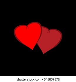 Heart two isolated. Red sign on black background. Romantic silhouette symbol linked, join, love, passion and wedding. Colorful mark of valentine day. Design element. Vector illustration