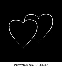 Heart two isolated. White sign on black background. Romantic silhouette symbol linked, join, love, passion and wedding. Monochrome mark of valentine day. Design element. Vector illustration